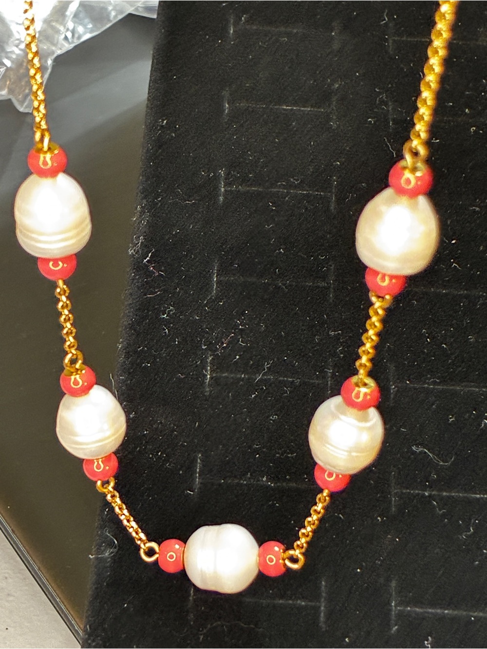 Gold Chain Necklace with White Pearls and Red Beads - Designer Jewelry.